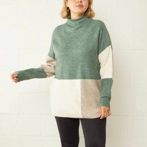 Plus Super soft Green Mock Neck Color Block Sweater